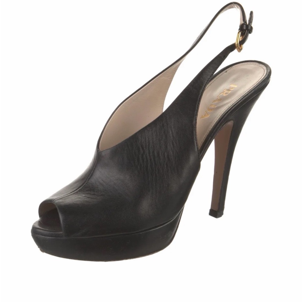 Prada Black Leather Peep-Toe Slingback High Heel Sz 40